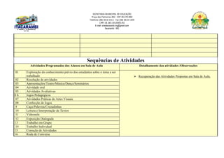 SECRETARIA MUNICIPAL DE EDUCAÇÃO
Praça das Palmeiras 492 - CEP 39.470-000
Telefone (38) 3613-1511- Fax (38) 3613-1429
CNPJ 18.283.101/0001-82
E-mail: smeitacarambi.mg@gmail.com
Itacarambi - MG
Sequências de Atividades
Atividades Programadas dos Alunos em Sala de Aula Detalhamento das atividades /Observações
01 Exploração do conhecimento prévio dos estudantes sobre o tema a ser
trabalhado  Recuperação das Atividades Propostas em Sala de Aula.
02 Resolução de atividades
03 Apresentações/Teatro/Música/Dança/Seminários
04 Atividade oral
05 Atividades Avaliativas
0 6 Jogos Pedagógicos
07 Atividades Práticas de Artes Visuais
08 Confecção de Jogos
9 Caça-Palavras/Cruzadinhas
10 Leitura e Interpretação de Textos
11 Videoaula
12 Exposição Dialogada
13 Trabalho em Grupo
14 Trabalho Individual
15 Correção de Atividades
16 Roda de Conversa
 