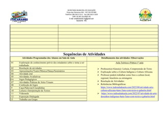 SECRETARIA MUNICIPAL DE EDUCAÇÃO
Praça das Palmeiras 492 - CEP 39.470-000
Telefone (38) 3613-1511- Fax (38) 3613-1429
CNPJ 18.283.101/0001-82
E-mail: smeitacarambi.mg@gmail.com
Itacarambi - MG
Sequências de Atividades
Atividades Programadas dos Alunos em Sala de Aula Detalhamento das atividades /Observações
01 Exploração do conhecimento prévio dos estudantes sobre o tema a ser
trabalhado
Aula Teórica e Prática 1ª aula
 Professor(a)/Aluno(a): Leitura, Compreensão de Texto
 Explicação sobre a Cultura Indígena e Cultura Africana
 Professor poderá trabalhar como foco a cultura local,
regional, brasileira ou estrangeira
 Resolução de Atividades:
 Referências Bibliográficas:
https://www.tudosaladeaula.com/2022/08/atividade-arte-
cultura-africana-4ano-5ano-com-texto-e-gabarito.html
 https://www.tudosaladeaula.com/2022/07/atividade-de-arte-
desenhos-indigenas-4ano-5ano-com-texto-e-gabarito.html
02 Resolução de atividades
03 Apresentações/Teatro/Música/Dança/Seminários
04 Atividade oral
05 Atividades Avaliativas
0 6 Jogos Pedagógicos
07 Atividades Práticas de Artes Visuais
08 Confecção de Jogos
9 Caça-Palavras/Cruzadinhas
10 Leitura e Interpretação de Textos
11 Videoaula
12 Exposição Dialogada
13 Trabalho em Grupo
 