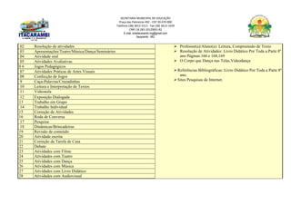 SECRETARIA MUNICIPAL DE EDUCAÇÃO
Praça das Palmeiras 492 - CEP 39.470-000
Telefone (38) 3613-1511- Fax (38) 3613-1429
CNPJ 18.283.101/0001-82
E-mail: smeitacarambi.mg@gmail.com
Itacarambi - MG
02 Resolução de atividades  Professor(a)/Aluno(a): Leitura, Compreensão de Texto
 Resolução de Atividades: Livro Didático Por Toda a Parte 8º
ano Páginas:166 e 168,169
 O Corpo que Dança nas Telas,Videodança
Referências Bibliográficas: Livro Didático Por Toda a Parte 8º
ano.
Sites Pesquisas de Internet.
03 Apresentações/Teatro/Música/Dança/Seminários
04 Atividade oral
05 Atividades Avaliativas
0 6 Jogos Pedagógicos
07 Atividades Práticas de Artes Visuais
08 Confecção de Jogos
9 Caça-Palavras/Cruzadinhas
10 Leitura e Interpretação de Textos
11 Videoaula
12 Exposição Dialogada
13 Trabalho em Grupo
14 Trabalho Individual
15 Correção de Atividades
16 Roda de Conversa
17 Pesquisa
18 Dinâmicas/Brincadeiras
19 Revisão de conteúdo
20 Atividade escrita
21 Correção da Tarefa de Casa
22 Debate
23 Atividades com Filme
24 Atividades com Teatro
25 Atividades com Dança
26 Atividades com Música
27 Atividades com Livro Didático
28 Atividades com Audiovisual
 