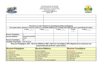 SECRETARIA MUNICIPAL DE EDUCAÇÃO
Praça das Palmeiras 492 - CEP 39.470-000
Telefone (38) 3613-1511- Fax (38) 3613-1429
CNPJ 18.283.101/0001-82
E-mail: smeitacarambi.mg@gmail.com
Itacarambi - MG
Descritores em Ação: Situações de Aprendizagem (práticas pedagógicas)
Nos campos abaixo, selecione os recursos e descreva as atividades didáticas que você julga mais adequadas para o aprendizado dos alunos.
2ª feira ___/___ 3ª feira ___/___ 4ª feira ___/___ 5ª feira
___/___
6ª feira ___/___
Recursos Pedagógicos 1,
Recursos Didáticos 2,6,10,12,13,14,15,16
,17,19,
Recursos Tecnológicos 5,7
Atividades Programadas 1,5,7,12,13,14,
Recursos Pedagógicos {RP} , Recursos Didáticos (RD) e Recursos Tecnológicos [RT] disponíveis na escola para uso
programado pelo professor e pelos alunos:
Recursos Pedagógicos Recursos Didáticos Recursos Tecnológicos
{1} Sala de aula (1) Livro didático [1] DataShow
{2} Biblioteca (2) Atividades impressas [2] Computador/Notebook
{3} Cantinho de leitura (3) Jogos Pedagógicos [3] Aparelho de som
{4} Sala de vídeo (4) Tecidos Diversos [4] Aparelho de DVD
{5} Quadra de esportes/Pátio (5) Cartazes [5] Impressora
{6} Laboratório de informática (6) Quadro branco /pincel/apagador [6] Televisão
 