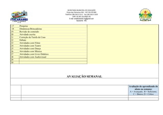 SECRETARIA MUNICIPAL DE EDUCAÇÃO
Praça das Palmeiras 492 - CEP 39.470-000
Telefone (38) 3613-1511- Fax (38) 3613-1429
CNPJ 18.283.101/0001-82
E-mail: smeitacarambi.mg@gmail.com
Itacarambi - MG
17 Pesquisa
18 Dinâmicas/Brincadeiras
19 Revisão de conteúdo
20 Atividade escrita
21 Correção da Tarefa de Casa
22 Debate
23 Atividades com Filme
24 Atividades com Teatro
25 Atividades com Dança
26 Atividades com Música
27 Atividades com Livro Didático
28 Atividades com Audiovisual
29
30
AVALIAÇÃO SEMANAL
Avaliação do aprendizado do
aluno na semana:
A = Avançado; B = Suficiente;
C = Básico; D = Crítico
 