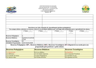 SECRETARIA MUNICIPAL DE EDUCAÇÃO
Praça das Palmeiras 492 - CEP 39.470-000
Telefone (38) 3613-1511- Fax (38) 3613-1429
CNPJ 18.283.101/0001-82
E-mail: smeitacarambi.mg@gmail.com
Itacarambi - MG
Descritores em Ação: Situações de Aprendizagem (práticas pedagógicas)
Nos campos abaixo, selecione os recursos e descreva as atividades didáticas que você julga mais adequadas para o aprendizado dos alunos.
2ª feira ___/___ 3ª feira ___/___ 4ª feira ___/___ 5ª feira
___/___
6ª feira ___/___
Recursos Pedagógicos 1,
Recursos Didáticos 2,6,10,12,13,14,15,16
,17,19,
Recursos Tecnológicos 5,7
Atividades Programadas 1,2,5,7,12,13,14,20
Recursos Pedagógicos {RP} , Recursos Didáticos (RD) e Recursos Tecnológicos [RT] disponíveis na escola para uso
programado pelo professor e pelos alunos:
Recursos Pedagógicos Recursos Didáticos Recursos Tecnológicos
{1} Sala de aula (1) Livro didático [1] DataShow
{2} Biblioteca (2) Atividades impressas [2] Computador/Notebook
{3} Cantinho de leitura (3) Jogos Pedagógicos [3] Aparelho de som
{4} Sala de vídeo (4) Tecidos Diversos [4] Aparelho de DVD
 