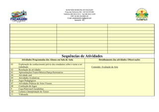 SECRETARIA MUNICIPAL DE EDUCAÇÃO
Praça das Palmeiras 492 - CEP 39.470-000
Telefone (38) 3613-1511- Fax (38) 3613-1429
CNPJ 18.283.101/0001-82
E-mail: smeitacarambi.mg@gmail.com
Itacarambi - MG
Sequências de Atividades
Atividades Programadas dos Alunos em Sala de Aula Detalhamento das atividades /Observações
01 Exploração do conhecimento prévio dos estudantes sobre o tema a ser
trabalhado Conteúdo: Avaliação de Arte
02 Resolução de atividades
03 Apresentações/Teatro/Música/Dança/Seminários
04 Atividade oral
05 Atividades Avaliativas
0 6 Jogos Pedagógicos
07 Atividades Práticas de Artes Visuais
08 Confecção de Jogos
9 Caça-Palavras/Cruzadinhas
10 Leitura e Interpretação de Textos
11 Videoaula
 