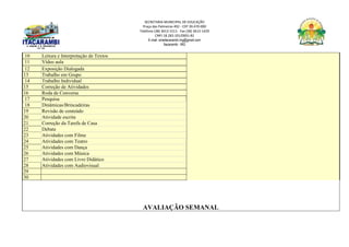 SECRETARIA MUNICIPAL DE EDUCAÇÃO
Praça das Palmeiras 492 - CEP 39.470-000
Telefone (38) 3613-1511- Fax (38) 3613-1429
CNPJ 18.283.101/0001-82
E-mail: smeitacarambi.mg@gmail.com
Itacarambi - MG
10 Leitura e Interpretação de Textos
11 Vídeo aula
12 Exposição Dialogada
13 Trabalho em Grupo
14 Trabalho Individual
15 Correção de Atividades
16 Roda de Conversa
17 Pesquisa
18 Dinâmicas/Brincadeiras
19 Revisão de conteúdo
20 Atividade escrita
21 Correção da Tarefa de Casa
22 Debate
23 Atividades com Filme
24 Atividades com Teatro
25 Atividades com Dança
26 Atividades com Música
27 Atividades com Livro Didático
28 Atividades com Audiovisual
29
30
AVALIAÇÃO SEMANAL
 