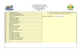 SECRETARIA MUNICIPAL DE EDUCAÇÃO
Praça das Palmeiras 492 - CEP 39.470-000
Telefone (38) 3613-1511- Fax (38) 3613-1429
CNPJ 18.283.101/0001-82
E-mail: smeitacarambi.mg@gmail.com
Itacarambi - MG
08 Confecção de Jogos  Os alunos vão usar sua criatividade para fazer uma pintura
 (Usando tinta guache) fica a critério do professor.
Referência Bibliográficas: www.tudosaladeaula.com
9 Caça-Palavras/Cruzadinhas
10 Leitura e Interpretação de Textos
11 Vídeo aula
12 Exposição Dialogada
13 Trabalho em Grupo
14 Trabalho Individual
15 Correção de Atividades
16 Roda de Conversa
17 Pesquisa
18 Dinâmicas/Brincadeiras
19 Revisão de conteúdo
20 Atividade escrita
21 Correção da Tarefa de Casa
22 Debate
23 Atividades com Filme
24 Atividades com Teatro
25 Atividades com Dança
26 Atividades com Música
27 Atividades com Livro Didático
28 Atividades com Audiovisual
29
30
 