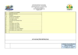 SECRETARIA MUNICIPAL DE EDUCAÇÃO
Praça das Palmeiras 492 - CEP 39.470-000
Telefone (38) 3613-1511- Fax (38) 3613-1429
CNPJ 18.283.101/0001-82
E-mail: smeitacarambi.mg@gmail.com
Itacarambi - MG
15 Correção de Atividades
16 Roda de Conversa
17 Pesquisa
18 Dinâmicas/Brincadeiras
19 Revisão de conteúdo
20 Atividade escrita
21 Correção da Tarefa de Casa
22 Debate
23 Atividades com Filme
24 Atividades com Teatro
25 Atividades com Dança
26 Atividades com Música
27 Atividades com Livro Didático
28 Atividades com Audiovisual
29
30
AVALIAÇÃO SEMANAL
Avaliação do aprendizado do
aluno na semana:
A = Avançado; B = Suficiente;
C = Básico; D = Crítico
 