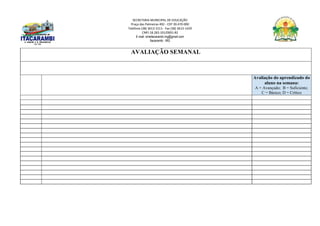 SECRETARIA MUNICIPAL DE EDUCAÇÃO
Praça das Palmeiras 492 - CEP 39.470-000
Telefone (38) 3613-1511- Fax (38) 3613-1429
CNPJ 18.283.101/0001-82
E-mail: smeitacarambi.mg@gmail.com
Itacarambi - MG
AVALIAÇÃO SEMANAL
Avaliação do aprendizado do
aluno na semana:
A = Avançado; B = Suficiente;
C = Básico; D = Crítico
 