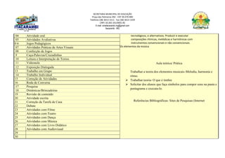 SECRETARIA MUNICIPAL DE EDUCAÇÃO
Praça das Palmeiras 492 - CEP 39.470-000
Telefone (38) 3613-1511- Fax (38) 3613-1429
CNPJ 18.283.101/0001-82
E-mail: smeitacarambi.mg@gmail.com
Itacarambi - MG
04 Atividade oral tecnológicos, e alternativos. Produzir e executar
composições rítmicas, melódicas e harmônicas com
instrumentos convencionais e não convencionais.
Os elementos da música
Aula teórica/ Prática
Trabalhar a teoria dos elementos musicais–Melodia, harmonia e
ritmo.
 Trabalhar teoria- O que é timbre
 Solicitar dos alunos que faça símbolos para compor sons na pauta e
pentagrama e executa-lo.
Referências Bibliográficas: Sites de Pesquisas (Internet
05 Atividades Avaliativas
0 6 Jogos Pedagógicos
07 Atividades Práticas de Artes Visuais
08 Confecção de Jogos
9 Caça-Palavras/Cruzadinhas
10 Leitura e Interpretação de Textos
11 Videoaula
12 Exposição Dialogada
13 Trabalho em Grupo
14 Trabalho Individual
15 Correção de Atividades
16 Roda de Conversa
17 Pesquisa
18 Dinâmicas/Brincadeiras
19 Revisão de conteúdo
20 Atividade escrita
21 Correção da Tarefa de Casa
22 Debate
23 Atividades com Filme
24 Atividades com Teatro
25 Atividades com Dança
26 Atividades com Música
27 Atividades com Livro Didático
28 Atividades com Audiovisual
29
30
 