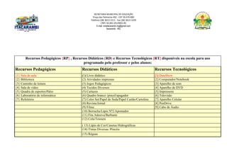 SECRETARIA MUNICIPAL DE EDUCAÇÃO
Praça das Palmeiras 492 - CEP 39.470-000
Telefone (38) 3613-1511- Fax (38) 3613-1429
CNPJ 18.283.101/0001-82
E-mail: smeitacarambi.mg@gmail.com
Itacarambi - MG
Recursos Pedagógicos {RP} , Recursos Didáticos (RD) e Recursos Tecnológicos [RT] disponíveis na escola para uso
programado pelo professor e pelos alunos:
Recursos Pedagógicos Recursos Didáticos Recursos Tecnológicos
{1} Sala de aula (1) Livro didático [1] DataShow
{2} Biblioteca (2) Atividades impressas [2] Computador/Notebook
{3} Cantinho de leitura (3) Jogos Pedagógicos [3] Aparelho de som
{4} Sala de vídeo (4) Tecidos Diversos [4] Aparelho de DVD
{5} Quadra de esportes/Pátio (5) Cartazes [5] Impressora
{6} Laboratório de informática (6) Quadro branco /pincel/apagador [6] Televisão
{7} Refeitório (7) Color Set/Papel de Seda/Papel Cartão/Cartolina [7] Aparelho Celular
(8) Revista/Jornal [8] PenDrive
(9) Filme [9] Cabo de Áudio
(10) Borracha/Lápis Nº2/Apontador
(11) Fita Adesiva/Barbante
(12) Cola/Tesoura
( 13) Lápis de Cor/Canetas Hidrográficas
(14) Tintas Diversas /Pincéis
(15) Réguas
 