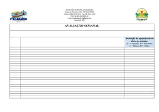 SECRETARIA MUNICIPAL DE EDUCAÇÃO
Praça das Palmeiras 492 - CEP 39.470-000
Telefone (38) 3613-1511- Fax (38) 3613-1429
CNPJ 18.283.101/0001-82
E-mail: smeitacarambi.mg@gmail.com
Itacarambi - MG
AVALIAÇÃO SEMANAL
Avaliação do aprendizado do
aluno na semana:
A = Avançado; B = Suficiente;
C = Básico; D = Crítico
 