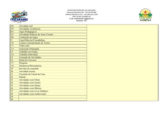 SECRETARIA MUNICIPAL DE EDUCAÇÃO
Praça das Palmeiras 492 - CEP 39.470-000
Telefone (38) 3613-1511- Fax (38) 3613-1429
CNPJ 18.283.101/0001-82
E-mail: smeitacarambi.mg@gmail.com
Itacarambi - MG
04 Atividade oral
05 Atividades Avaliativas
0 6 Jogos Pedagógicos
07 Atividades Práticas de Artes Visuais
08 Confecção de Jogos
9 Caça-Palavras/Cruzadinhas
10 Leitura e Interpretação de Textos
11 Vídeo aula
12 Exposição Dialogada
13 Trabalho em Grupo
14 Trabalho Individual
15 Correção de Atividades
16 Roda de Conversa
17 Pesquisa
18 Dinâmicas/Brincadeiras
19 Revisão de conteúdo
20 Atividade escrita
21 Correção da Tarefa de Casa
22 Debate
23 Atividades com Filme
24 Atividades com Teatro
25 Atividades com Dança
26 Atividades com Música
27 Atividades com Livro Didático
28 Atividades com Audiovisual
29
30
 