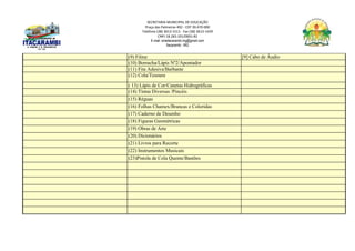 SECRETARIA MUNICIPAL DE EDUCAÇÃO
Praça das Palmeiras 492 - CEP 39.470-000
Telefone (38) 3613-1511- Fax (38) 3613-1429
CNPJ 18.283.101/0001-82
E-mail: smeitacarambi.mg@gmail.com
Itacarambi - MG
(9) Filme [9] Cabo de Áudio
(10) Borracha/Lápis Nº2/Apontador
(11) Fita Adesiva/Barbante
(12) Cola/Tesoura
( 13) Lápis de Cor/Canetas Hidrográficas
(14) Tintas Diversas /Pincéis
(15) Réguas
(16) Folhas Chamex/Brancas e Coloridas
(17) Caderno de Desenho
(18) Figuras Geométricas
(19) Obras de Arte
(20) Dicionários
(21) Livros para Recorte
(22) Instrumentos Musicais
(23)Pistola de Cola Quente/Bastões
 