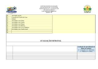SECRETARIA MUNICIPAL DE EDUCAÇÃO
Praça das Palmeiras 492 - CEP 39.470-000
Telefone (38) 3613-1511- Fax (38) 3613-1429
CNPJ 18.283.101/0001-82
E-mail: smeitacarambi.mg@gmail.com
Itacarambi - MG
20 Atividade escrita
21 Correção da Tarefa de Casa
22 Debate
23 Atividades com Filme
24 Atividades com Teatro
25 Atividades com Dança
26 Atividades com Música
27 Atividades com Livro Didático
28 Atividades com Audiovisual
29
30
AVALIAÇÃO SEMANAL
Avaliação do aprendizado do
aluno na semana:
A = Avançado; B = Suficiente;
C = Básico; D = Crítico
 