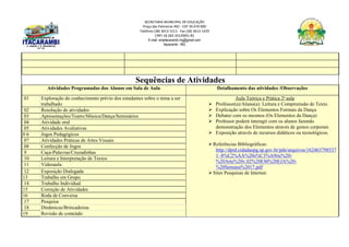 SECRETARIA MUNICIPAL DE EDUCAÇÃO
Praça das Palmeiras 492 - CEP 39.470-000
Telefone (38) 3613-1511- Fax (38) 3613-1429
CNPJ 18.283.101/0001-82
E-mail: smeitacarambi.mg@gmail.com
Itacarambi - MG
Sequências de Atividades
Atividades Programadas dos Alunos em Sala de Aula Detalhamento das atividades /Observações
01 Exploração do conhecimento prévio dos estudantes sobre o tema a ser
trabalhado
Aula Teórica e Prática 2ª aula
 Professor(a)/Aluno(a): Leitura e Compreensão de Texto.
 Explicação sobre Os Elementos Formais da Dança
 Debater com os mesmos (Os Elementos da Dança)
 Professor poderá interagir com os alunos fazendo
demonstração dos Elementos através de gestos corporais
 Exposição através de recursos didáticos ou tecnológicos.
Referências Bibliográficas:
http://dpid.cidadaopg.sp.gov.br/pde/arquivos/162463798537
1~8%C2%AA%20s%C3%A9rie%20-
%20Arte%20v.02%20EM%20EJA%20-
%20Semana%2017.pdf
Sites Pesquisas de Internet.
02 Resolução de atividades
03 Apresentações/Teatro/Música/Dança/Seminários
04 Atividade oral
05 Atividades Avaliativas
0 6 Jogos Pedagógicos
07 Atividades Práticas de Artes Visuais
08 Confecção de Jogos
9 Caça-Palavras/Cruzadinhas
10 Leitura e Interpretação de Textos
11 Videoaula
12 Exposição Dialogada
13 Trabalho em Grupo
14 Trabalho Individual
15 Correção de Atividades
16 Roda de Conversa
17 Pesquisa
18 Dinâmicas/Brincadeiras
19 Revisão de conteúdo
 