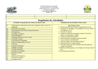 SECRETARIA MUNICIPAL DE EDUCAÇÃO
Praça das Palmeiras 492 - CEP 39.470-000
Telefone (38) 3613-1511- Fax (38) 3613-1429
CNPJ 18.283.101/0001-82
E-mail: smeitacarambi.mg@gmail.com
Itacarambi - MG
Sequências de Atividades
Atividades Programadas dos Alunos em Sala de Aula Detalhamento das atividades /Observações
01 Exploração do conhecimento prévio dos estudantes sobre o tema a ser
trabalhado
Aula Teórica 3ª aula
 Professor(a)/Aluno(a): Leitura, Compreensão de Texto
 Resolução de Atividades: Livro Didático Por Toda a Parte 7º
ano Páginas:114,115
 Ciranda, Cirandeiro
 Promover uma leitura da imagem ciranda, de Severino
Borges.Com perguntas e Debate.
 O que está sendo representado?
 Quais elementos da imagem chamam atenção?
 A que remetem as bandeirinhas?
 Que movimentos são realizados na dança?
 Qual brincadeira a imagem lembra?
 Se Sobrar tempo peça aos Estudantes para Desenharem a
Imagem da Ciranda.
Referências Bibliográficas: Livro Didático Por Toda a Parte 7º
ano.
Sites Pesquisas de Internet.
02 Resolução de atividades
03 Apresentações/Teatro/Música/Dança/Seminários
04 Atividade oral
05 Atividades Avaliativas
0 6 Jogos Pedagógicos
07 Atividades Práticas de Artes Visuais
08 Confecção de Jogos
9 Caça-Palavras/Cruzadinhas
10 Leitura e Interpretação de Textos
11 Videoaula
12 Exposição Dialogada
13 Trabalho em Grupo
14 Trabalho Individual
15 Correção de Atividades
16 Roda de Conversa
17 Pesquisa
18 Dinâmicas/Brincadeiras
19 Revisão de conteúdo
20 Atividade escrita
 
