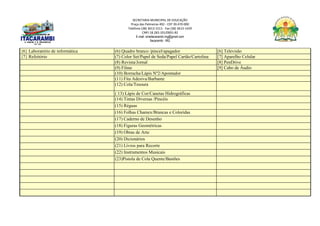 SECRETARIA MUNICIPAL DE EDUCAÇÃO
Praça das Palmeiras 492 - CEP 39.470-000
Telefone (38) 3613-1511- Fax (38) 3613-1429
CNPJ 18.283.101/0001-82
E-mail: smeitacarambi.mg@gmail.com
Itacarambi - MG
{6} Laboratório de informática (6) Quadro branco /pincel/apagador [6] Televisão
{7} Refeitório (7) Color Set/Papel de Seda/Papel Cartão/Cartolina [7] Aparelho Celular
(8) Revista/Jornal [8] PenDrive
(9) Filme [9] Cabo de Áudio
(10) Borracha/Lápis Nº2/Apontador
(11) Fita Adesiva/Barbante
(12) Cola/Tesoura
( 13) Lápis de Cor/Canetas Hidrográficas
(14) Tintas Diversas /Pincéis
(15) Réguas
(16) Folhas Chamex/Brancas e Coloridas
(17) Caderno de Desenho
(18) Figuras Geométricas
(19) Obras de Arte
(20) Dicionários
(21) Livros para Recorte
(22) Instrumentos Musicais
(23)Pistola de Cola Quente/Bastões
 