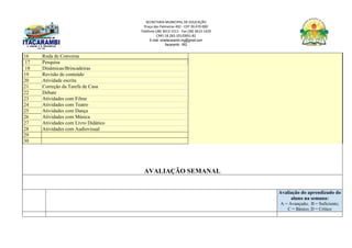 SECRETARIA MUNICIPAL DE EDUCAÇÃO
Praça das Palmeiras 492 - CEP 39.470-000
Telefone (38) 3613-1511- Fax (38) 3613-1429
CNPJ 18.283.101/0001-82
E-mail: smeitacarambi.mg@gmail.com
Itacarambi - MG
16 Roda de Conversa
17 Pesquisa
18 Dinâmicas/Brincadeiras
19 Revisão de conteúdo
20 Atividade escrita
21 Correção da Tarefa de Casa
22 Debate
23 Atividades com Filme
24 Atividades com Teatro
25 Atividades com Dança
26 Atividades com Música
27 Atividades com Livro Didático
28 Atividades com Audiovisual
29
30
AVALIAÇÃO SEMANAL
Avaliação do aprendizado do
aluno na semana:
A = Avançado; B = Suficiente;
C = Básico; D = Crítico
 