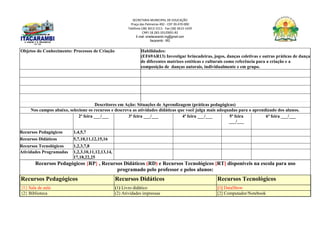 SECRETARIA MUNICIPAL DE EDUCAÇÃO
Praça das Palmeiras 492 - CEP 39.470-000
Telefone (38) 3613-1511- Fax (38) 3613-1429
CNPJ 18.283.101/0001-82
E-mail: smeitacarambi.mg@gmail.com
Itacarambi - MG
Objetos do Conhecimento: Processos de Criação Habilidades:
(EF69AR13) Investigar brincadeiras, jogos, danças coletivas e outras práticas de dança
de diferentes matrizes estéticas e culturais como referência para a criação e a
composição de danças autorais, individualmente e em grupo.
Descritores em Ação: Situações de Aprendizagem (práticas pedagógicas)
Nos campos abaixo, selecione os recursos e descreva as atividades didáticas que você julga mais adequadas para o aprendizado dos alunos.
2ª feira ___/___ 3ª feira ___/___ 4ª feira ___/___ 5ª feira
___/___
6ª feira ___/___
Recursos Pedagógicos 1,4,5,7
Recursos Didáticos 5,7,10,11,12,15,16
Recursos Tecnológicos 1,2,3,7,8
Atividades Programadas 1,2,3,10,11,12,13,14,
17,18,22,25
Recursos Pedagógicos {RP} , Recursos Didáticos (RD) e Recursos Tecnológicos [RT] disponíveis na escola para uso
programado pelo professor e pelos alunos:
Recursos Pedagógicos Recursos Didáticos Recursos Tecnológicos
{1} Sala de aula (1) Livro didático [1] DataShow
{2} Biblioteca (2) Atividades impressas [2] Computador/Notebook
 