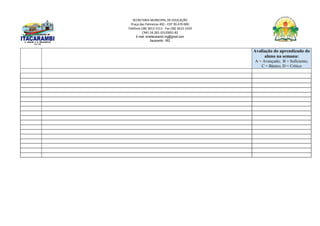SECRETARIA MUNICIPAL DE EDUCAÇÃO
Praça das Palmeiras 492 - CEP 39.470-000
Telefone (38) 3613-1511- Fax (38) 3613-1429
CNPJ 18.283.101/0001-82
E-mail: smeitacarambi.mg@gmail.com
Itacarambi - MG
Avaliação do aprendizado do
aluno na semana:
A = Avançado; B = Suficiente;
C = Básico; D = Crítico
 