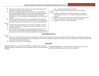 [CAMPO DE FORMACIÓN: EXPLORACIÓN Y COMPRENSIÓN DEL MUNDO NATURAL Y SOCIAL] Escuela primaria multigrado. Secuencia didáctica
 Dar lectura en el libro de texto, lección 3, a la sección “Aprendamos más” y
al subtema “Intercambio comercial necesario”.
 Realizar la actividad que aparece al final de los textos, la cual demanda
observar los principales productos más exportados e importados del mundo,
posteriormente identificar los países que consumen mayor cantidad de
combustibles, ello en un planisferio complementándolo con los elementos de
un mapa.
 Escribir una conclusión en relación a: ¿por qué piensan que los productos
más exportados no coinciden con los más importados? Y ¿qué relación tiene
el comercio internacional con la producción y el consumo de combustibles?
Sesión 2
 En parejas dar lectura en el libro de texto, lección 3, al subtema “Turismo”.
 Comentar en parejas sobre los lugares más turísticos del mundo, y por qué
consideran que lo son.
 Llevar a cabo la actividad final, con apoyo del planisferio presente en los
anexos, elaborar en su cuaderno una tabla donde aparezcan los países con un
porcentaje mayor, medio y bajo de personas empleadas en el sector servicios.
sirve… organizar la información en una tabla.
 Compartir la organización de la información con otras parejas.
Sesión 2
 En parejas, dar lectura en el libro de texto, lección 3, al subtema
“Necesitamos unos de otros” y al subtema “Intercambio comercial
necesario”.
 Redactar un breve texto, a partir de lo leído, sobre los países a los que
México les compra y les vende, a que creen que se debe eso.
 Comentar los escritos con el resto del grupo.
Actividades de cierre:
Sesión 2
 Escribir una conclusión sobre la importancia del comercio y turismo para el desarrollo de un país y la calidad de vida de sus habitantes, mencionar los factores que
influyen para el desarrollo satisfactorio de las actividades del sector terciario; asimismo, integrar acciones sobre el consumo responsable y las posibles implicaciones
de ser parte de una sociedad consumista.
 Compartir los escritos con el resto del grupo.
Evaluación:
Aspectos a evaluar: Los conocimientos, habilidades y actitudes que los neófitos van
adquiriendo durante el desarrollo de la clase. Asimismo, evaluar la propia estrategia de
enseñanza.
Criterios de evaluación: Los dibujos, escritos y participaciones orales de los
educandos, permitiendo adecuar la situación de enseñanza.
 