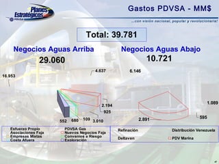 Gastos PDVSA - MM$


                                    Total: 39.781
     Negocios Aguas Arriba                            Negocios Aguas Abajo
                 29.060                                              10.721
                                        4.637             6.146
16.953




                                                                                           1.089
                                           2.194
                                               925
                                   109 3.010                      2.891                 595
                       552   680

   Esfuerzo Propio       PDVSA Gas                   Refinación           Distribución Venezuela
   Asociaciones Faja     Nuevos Negocios Faja
   Empresas Mixtas       Convenios a Riesgo
   Costa Afuera          Exploración                 Deltaven             PDV Marina




                                                                                               47
 
