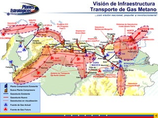 Visión de Infraestructura
                                                                                                              Transporte de Gas Metano
                                     GOLFO
      Gasoducto                       VZLA
                                               CRP                       Proyecto ICO                                                          Sistemas de Gasoductos
      Colombo - Venezolano                             LA VELA
                                                                         (En Progreso                              Gasoducto                      Costa Afuera-Tierra
                                                                            Fase I)                                Barbacoas-Margarita                                     Exportación GNL
  Ballenas
                                                                                             Ampliación                                                     NORTE
                                                                                             Anaco-Bqto
                                                                                                                                   Margarita
                                                                                                                                                            PARIA
                                               Río Seco
                                                                                                                                                                                Planta
COLOMBIA                                                                                 Litoral            Ampliación                      Coche                               Liquefacción
                  Maracaibo              Sistema                                 Morón                    Anaco-Jose/PLC
                                         Ulé-Amuay                                                                       Cumaná                                   Güiria
                                                                                  Maracay          Caracas
                                                             Yaritagua                                                  PLC
                                                     Bqto.          Valencia                         Arichuna       Jose
                                   Ulé                                                                                                                                     PD
                                                                  San                                     Altagracia            Barbacoas
                  LAGO                                           Carlos   S.J Morros                                                                         Pedernales
                                                                                             Sombrero                              ANACO
                                                     Acarigua                                               YP                                        NM
                                                                                                                                            Santa
                                                                   SAN                                                  Anaco               Bárbara
                                                                                                                                                       MORICHAL
                                                                  CARLOS
                                                          Guanare                                                           Soto         Dación
                                                                                            GUARICO               COPA                                 MONAGAS
                                                                                 Calabozo                        MACOYA Morichal
                                                                                             OCC.                                                      SUR
    Casigua       F/S                                                                                        Valle de
                                   Barrancas      Barinas                                                                     OCN /
                                                                                                            La Pascua                       Mamo      Puerto Ordaz
                                                                                                                            AMERIVEN
        La Fría                                                 Sistema de Transporte                   Chaguaramas
                                                                Eje Norte Llanero                                   SINCOR/ Ampliación
                                          BARRANCAS                                          Cabruta              PETROZUATAAnaco-POZ

                        El Piñal
                                                                                                                                                             Gasoducto
         Planta Compresora Existente                                                                                                                       Venezuela-Brasil

         Nueva Planta Compresora
         Gasoducto Existente
         Gasoducto Nuevo
         Gasoductos en visualización

         Fuente de Gas Actual

         Fuente de Gas Futura
 