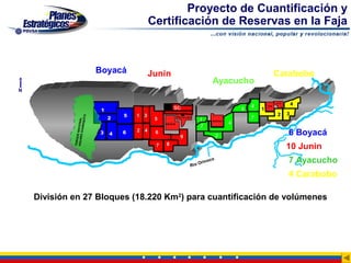 Proyecto de Cuantificación y
                                                      Certificación de Reservas en la Faja



                                  Boyacá              Junin                                                                       Carabobo
                                                                                                 Ayacucho
N


                                                                                                                    6
                                                                                                                                  BITOR
                                                                                                                                              4
                                   1                            sc    San
                                                                    Cristobal
                                                                                                                5       1
                                                                                                                        1
                                                                                                                            OCN




                                           55   1 3                                                                                2      3
                              O




                                       2               5             Petrozuata
                                                                     PETROZUATA

                                                                                    1                               7
                       RIQUIT
             AGUAR NACIONAL




                                                                                                 AMERIVEN
                                                           SINCOR                                           4
                                                                                    2
                  O GUA




                                  3    4   6    2 4    6
                                                                                                     3                                    6 Boyacá
                  E




                                                                        9
             PARQU




                                                       7   8
                                                                                                                                          10 Junin

                                                                                Rio
                                                                                    O   rino
                                                                                             c   o
                                                                                                                                          7 Ayacucho
                                                                                                                                          4 Carabobo

    División en 27 Bloques (18.220 Km2) para cuantificación de volúmenes
 