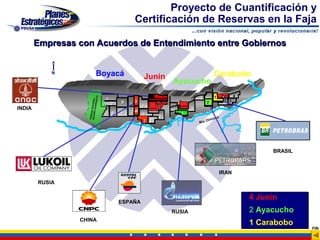 Proyecto de Cuantificación y
                                                     Certificación de Reservas en la Faja

        Empresas con Acuerdos de Entendimiento entre Gobiernos


            N                  Boyacá                     Junin                                              Carabobo
                                                                                 Ayacucho
                                    O                                                                   1
                                                                                                                        BITOR
                                                                                                                                4
                                        1                           San                             5 6 1         OCN
                             RIQUIT
                   AGUAR NACIO NAL



                                                55   3            Cristobal
                                                                                                        1               2 3
                                            2      1 3            Petrozuata
                                                                    PETROZUATA                        7
                                                                                                      7
                                                          5                      1
                        O GUA




INDIA
                                                                                     AMERIVEN
                                                              SINCOR                            4                                   N
                                        3 4     6    4
                                                    244
                                                      4                          2
                         E




                                                                                     3
                   PARQU




                                                          6                          3
                                                                       9                                     o   co
                                                          7 8
                                                          7                                             Orin
                                                                                                    Rio




                                                                                                                                         BRASIL



                                                                                                                  IRAN
        RUSIA

                                                                                                                                    4 Junin
                                                ESPAÑA
                                                                                 RUSIA                                              2 Ayacucho
                 CHINA
                                                                                                                                    1 Carabobo
                                                                                                                                                  FIN
 