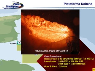Plataforma Deltana

1   64 km2 Reservado para PDVSA

2   169 km2 Licenciatario ChevronTexaco y COP
3   4.031 km2 Licenciatario ChevronTexaco
4   1.433 km2 Licenciatario Statoil
5   3.744 km2 Crecimiento Futuro




           PRUEBA DEL POZO DORADO 1X

                     Caso Direccional:
                     Reserv/Prod: 9-10 BPC/1.000 MMPCD - 4,6 MMT/A
                     Inversiones : 2001-2003 = 180 MM US$
                                   2004-2009 = 3.800 MM US$
                     Oper & Mant. : 35 años
 