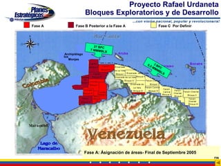 Proyecto Rafael Urdaneta
                         Bloques Exploratorios y de Desarrollo
Fase A           Fase B Posterior a la Fase A                Fase C Por Definir




                             27 BPC
                           7 MM M B
                                   LS
          Archipiélago
         los
             Monjes
                                                      0,5 3 B
                                                         MM PC
                                                            MB
                                                               LS




                         Fase A: Ásignación de áreas- Final de Septiembre 2005
                                                                                  FIN
 