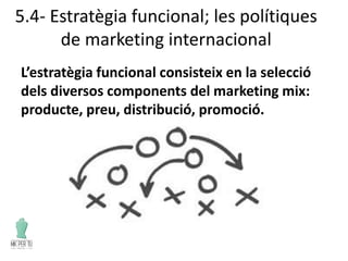 5.4- Estratègia funcional; les polítiques
de marketing internacional
L’estratègia funcional consisteix en la selecció
dels diversos components del marketing mix:
producte, preu, distribució, promoció.
 