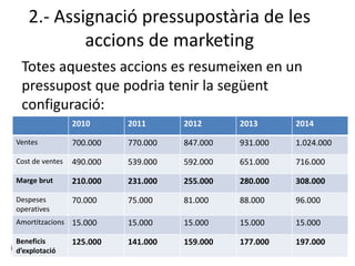 2.- Assignació pressupostària de les
accions de marketing
Totes aquestes accions es resumeixen en un
pressupost que podria tenir la següent
configuració:
2010 2011 2012 2013 2014
Ventes 700.000 770.000 847.000 931.000 1.024.000
Cost de ventes 490.000 539.000 592.000 651.000 716.000
Marge brut 210.000 231.000 255.000 280.000 308.000
Despeses
operatives
70.000 75.000 81.000 88.000 96.000
Amortitzacions 15.000 15.000 15.000 15.000 15.000
Beneficis
d’explotació
125.000 141.000 159.000 177.000 197.000
 