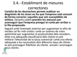 3.4.- Establiment de mesures
correctores
L’anàlisi de les desviacions permet realitzar un
diagnòstic de les àrees en les que l’empresa està actuant
de forma correcta i aquelles que són susceptibles de
millora. Després caldrà prendre les mesures per
aconseguir que l’empresa prengui el rumb per arribar a
la fita proposada.
Seguint amb l’exemple anterior per augmentar la xifra de
vendes cal fer més visites i amb un sistema de rutes
optimitzat per augmentar la productivitat dels venedors.
Amb una adequada classificació dels clients es pot
millorar l’efectivitat de la tasca comercial i amb una oferta
adequada a les necessitats dels diferents tipus de clients
es pot aconseguir fidelitzar als clients actuals i aconseguir
nous clients.
 
