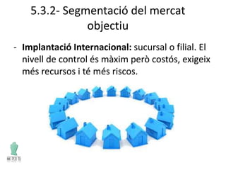 5.3.2- Segmentació del mercat
objectiu
- Implantació Internacional: sucursal o filial. El
nivell de control és màxim però costós, exigeix
més recursos i té més riscos.
 
