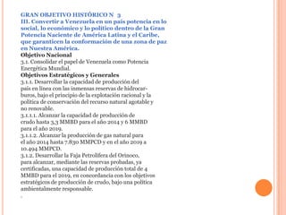 GRAN OBJETIVO HISTÓRICO N 3
III. Convertir a Venezuela en un país potencia en lo
social, lo económico y lo político dentro de la Gran
Potencia Naciente de América Latina y el Caribe,
que garanticen la conformación de una zona de paz
en Nuestra América.
Objetivo Nacional
3.1. Consolidar el papel de Venezuela como Potencia
Energética Mundial.
Objetivos Estratégicos y Generales
3.1.1. Desarrollar la capacidad de producción del
país en línea con las inmensas reservas de hidrocar-
buros, bajo el principio de la explotación racional y la
política de conservación del recurso natural agotable y
no renovable.
3.1.1.1. Alcanzar la capacidad de producción de
crudo hasta 3,3 MMBD para el año 2014 y 6 MMBD
para el año 2019.
3.1.1.2. Alcanzar la producción de gas natural para
el año 2014 hasta 7.830 MMPCD y en el año 2019 a
10.494 MMPCD.
3.1.2. Desarrollar la Faja Petrolífera del Orinoco,
para alcanzar, mediante las reservas probadas, ya
certificadas, una capacidad de producción total de 4
MMBD para el 2019, en concordancia con los objetivos
estratégicos de producción de crudo, bajo una política
ambientalmente responsable.
.
 