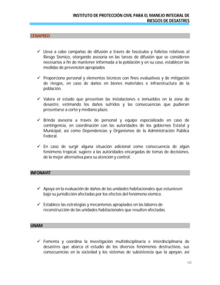 INSTITUTO DE PROTECCIÓN CIVIL PARA EL MANEJO INTEGRAL DE
RIESGOS DE DESASTRES
112
CENAPRED
 Lleva a cabo campañas de difusión a través de fascículos y folletos relativos al
Riesgo Sísmico, otorgando asesoría en las tareas de difusión que se consideren
necesarios a fin de mantener informada a la población y en su caso, establecer las
medidas de prevención apropiados
 Proporciona personal y elementos técnicos con fines evaluativos y de mitigación
de riesgos, en caso de daños en bienes materiales e infraestructura de la
población.
 Valora el estado que presentan las instalaciones e inmuebles en la zona de
desastre, estimando los daños sufridos y las consecuencias que pudieran
presentarse a corto y mediano plazo.
 Brinda asesoría a través de personal y equipo especializado en caso de
contingencia, en coordinación con las autoridades de los gobiernos Estatal y
Municipal, así como Dependencias y Organismos de la Administración Pública
Federal.
 En caso de surgir alguna situación adicional como consecuencia de algún
fenómeno tropical, sugiere a las autoridades encargadas de tomas de decisiones,
de la mejor alternativa para su atención y control.
INFONAVIT
 Apoya en la evaluación de daños de las unidades habitacionales que estuviesen
bajo su jurisdicción afectadas por los efectos del fenómeno sísmico.
 Establece las estrategias y mecanismos apropiados en las labores de
reconstrucción de las unidades habitacionales que resulten afectadas.
UNAM
 Fomenta y coordina la investigación multidisciplinaria e interdisciplinaria de
desastres que abarca el estudio de los diversos fenómenos destructivos, sus
consecuencias en la sociedad y los sistemas de subsistencia que la apoyan, así
 