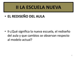 II LA ESCUELA NUEVA
• EL REDISEÑO DEL AULA
• II-¿Qué significa la nueva escuela, el rediseño
del aula y que cambios se observan respecto
al modelo actual?
12
 