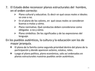 7. El Estado debe reconocer planos estructurales del hombre,
en el orden correcto:
 Plano cultural y educativo. Es decir en qué cosas reales e ideales
se cree o no.
 En el plano de los valores, en qué cosas reales se consideran
buenas o malas y cómo.
 Plano normativo. Qué conductas deben considerarse como
obligadas o no y cómo.
 Plano simbólico. De los significados y de las expresiones del
lenguaje.
En los pueblos auténticos, la cultura y la educación son los de
mayor jerarquía.
 El plano de la familia como segunda prioridad dentro del plano de la
participación y donde aparecen actores, estatus, roles.
 Luego el plano político, plano económico, solo así ordenados en
planos estructurales nuestros pueblos serán auténticos.
31
 