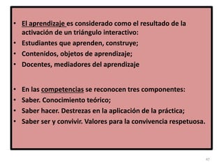 47
• El aprendizaje es considerado como el resultado de la
activación de un triángulo interactivo:
• Estudiantes que aprenden, construye;
• Contenidos, objetos de aprendizaje;
• Docentes, mediadores del aprendizaje
• En las competencias se reconocen tres componentes:
• Saber. Conocimiento teórico;
• Saber hacer. Destrezas en la aplicación de la práctica;
• Saber ser y convivir. Valores para la convivencia respetuosa.
 