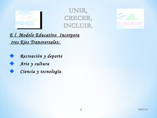 E l Modelo Educativo Incorpora
tres Ejes Transversales:

    Recreación y deporte
    Arte y cultura
    Ciencia y tecnología




                                 6   30/03/12
 
