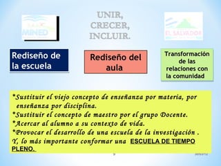 Rediseño de                                      Transformación
                         Rediseño del                 de las
la escuela                  aula                 relaciones con
                                                 la comunidad


*Sustituir el viejo concepto de enseñanza por materia, por
 enseñanza por disciplina.
*Sustituir el concepto de maestro por el grupo Docente.
*Acercar al alumno a su contexto de vida.
*Provocar el desarrollo de una escuela de la investigación .
Y, lo más importante conformar una ESCUELA DE TIEMPO
PLENO.
                                9                         30/03/12
 