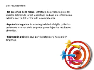 Si el resultado fue:

- No presencia de la marca: Estrategia de presencia en redes
sociales definiendo target y objetivos en base a la información
extraída acerca del sector y de la competencia.

-Reputación negativa: La estrategia debe ir dirigida paliar los
problemas internos de la empresa que reflejan los resultados
obtenidos.

- Reputación positiva: Qué partes potenciar y hacia quién
dirigirnos.
 