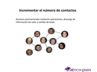 Incrementar el número de contactos

Acciones promocionales mediante aplicaciones, descarga de
información de valor a cambio de leads.
 
