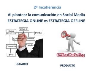 2ª Incoherencia
Al plantear la comunicación en Social Media
ESTRATEGIA ONLINE vs ESTRATEGIA OFFLINE




    USUARIO                  PRODUCTO
 