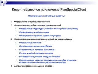 Клиент-серверное приложение  PlanSpecialClient ,[object Object],[object Object],[object Object],[object Object],[object Object],[object Object],[object Object],[object Object],[object Object],[object Object],[object Object],[object Object],[object Object],Назначение и основные задачи: 