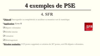 4 exemples de PSE4 exemples de PSE
4. SFR
ObjectifObjectif: Sauvegarder sa compétitivité et accélérer sa mutation vers le numérique
ApplicationApplication: Livre II
Départs volontaires
Mobilité interne
Formation
Déménagement
RésultatRésultat souhaités:souhaités: 1123 postes supprimés et création de 267 postes, soit 856 départs volontaires.
 