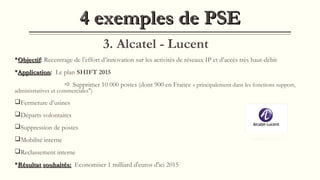 4 exemples de PSE4 exemples de PSE
3. Alcatel - Lucent
ObjectifObjectif: Recentrage de l’effort d’innovation sur les activités de réseaux IP et d’accès très haut-débit
ApplicationApplication: Le plan SHIFT 2015
 Supprimer 10 000 postes (dont 900 en France « principalement dans les fonctions support,
administratives et commerciales")
Fermeture d’usines
Départs volontaires
Suppression de postes
Mobilité interne
Reclassement interne
RésultatRésultat souhaités:souhaités: Economiser 1 milliard d'euros d'ici 2015
 