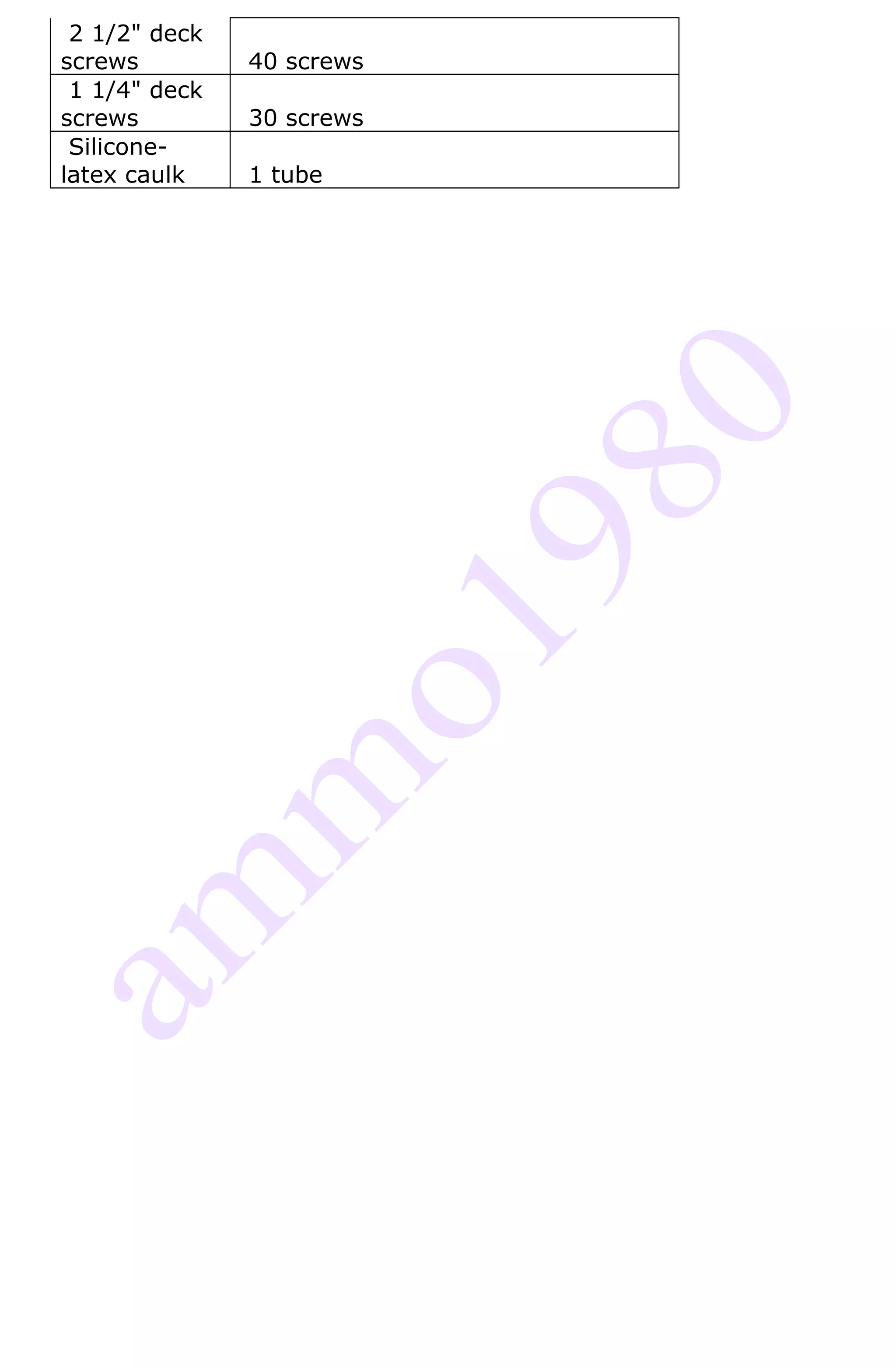 2 1/2" deck
screws         40 screws
 1 1/4" deck
screws         30 screws
 Silicone-
latex caulk    1 tube
 