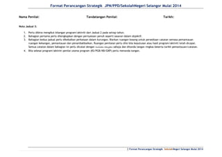 Format Perancangan Strategik JPN/PPD/SekolahNegeri Selangor Mulai 2014
| Format Perancangan Strategik SekolahNegeri Selangor Mulai 2014
Nama Penilai: Tandatangan Penilai: Tarikh:
Nota Jadual 3:
1. Perlu dibina mengikut bilangan program/aktiviti dari Jadual 2 pada setiap tahun.
2. Bahagian pertama perlu dilengkapkan dengan pernyataan penuh seperti sasaran dalam objektif.
3. Bahagian kedua jadual perlu dikekalkan perkataan dalam kurungan. Biarkan ruangan kosong untuk persediaan catatan semasa pemantauan
ruangan kekangan, pemantauan dan penambahbaikan. Ruangan penilaian perlu diisi bila keputusan atau hasil program/aktiviti telah dicapai.
Semua catatan dalam bahagian ini perlu dicatat dengan tulisan tangan sahaja dan ditanda tangan ringkas beserta tarikh pemantauan/catatan.
4. Bila selesai program/aktiviti penilai utama program (KS/PGB/KB/GKP) perlu menanda tangan.
 