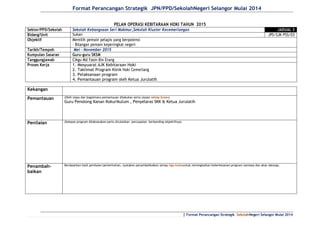 Format Perancangan Strategik JPN/PPD/SekolahNegeri Selangor Mulai 2014
| Format Perancangan Strategik SekolahNegeri Selangor Mulai 2014
PELAN OPERASI KEBITARAAN HOKI TAHUN 2015
Sektor/PPD/Sekolah Sekolah Kebangsaan Seri Makmur,Sekolah Kluster Kecemerlangan JADUAL 3
Bidang/Unit Sukan JPS/SJK-PSS/03
Objektif Memilih pemain pelapis yang berpotensi
- Bilangan pemain keperingkat negeri
Tarikh/Tempoh Mei - November 2015
Kumpulan Sasaran Guru-guru SKSM
Tanggungjawab Cikgu Md Yasin Bin Erang
Proses Kerja 1. Mesyuarat AJK Kebitaraan Hoki
2. Taklimat Program Klinik Hoki Cemerlang
3. Pelaksanaan program
4. Pemantauan program oleh Ketua Jurulatih
Kekangan
Pemantauan (Oleh siapa dan bagaimana pemantauan dilakukan serta ulasan setiap bulan)
Guru Penolong Kanan Kokurikulum , Penyelaras SKK & Ketua Jurulatih
Penilaian (Selepas program dilaksanakan perlu dicatatkan pencapaian berbanding objektifnya)
Penambah-
baikan
Berdasarkan hasil penilaian/pemerhatian, nyatakan penambahbaikan setiap tiga bulanuntuk meningkatkan keberkesanan program (semasa dan akan datang).
 